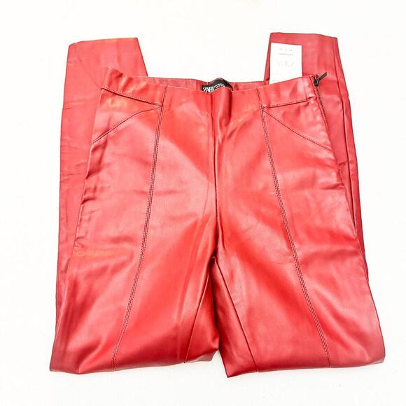Zara Mid-rise Legging Red Skinny Faux Leather Side Zip Hot Pants Size Medium NWT - Picture 7 of 9